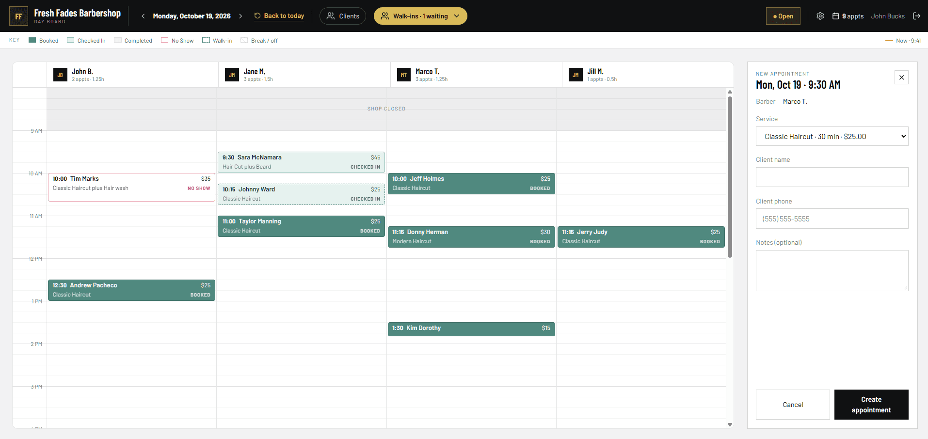 Tap an open slot: the new-appointment panel opens on the right