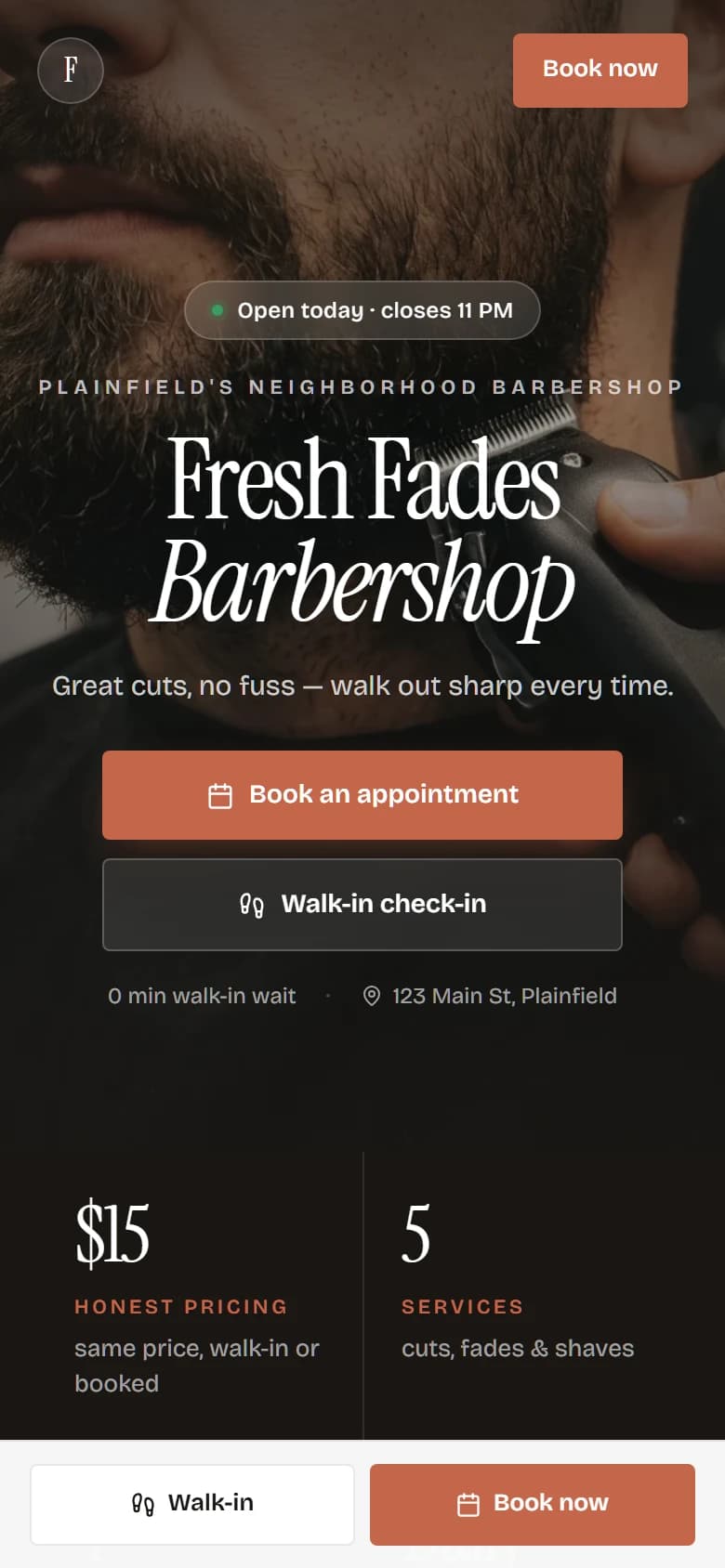 Fresh Fades Barbershop's page on a phone, with a Book now button