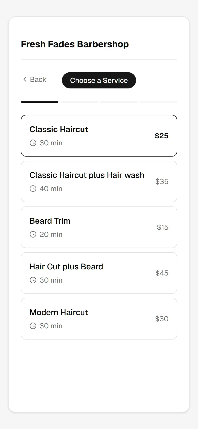 Choose a service: Classic Haircut, $25, selected