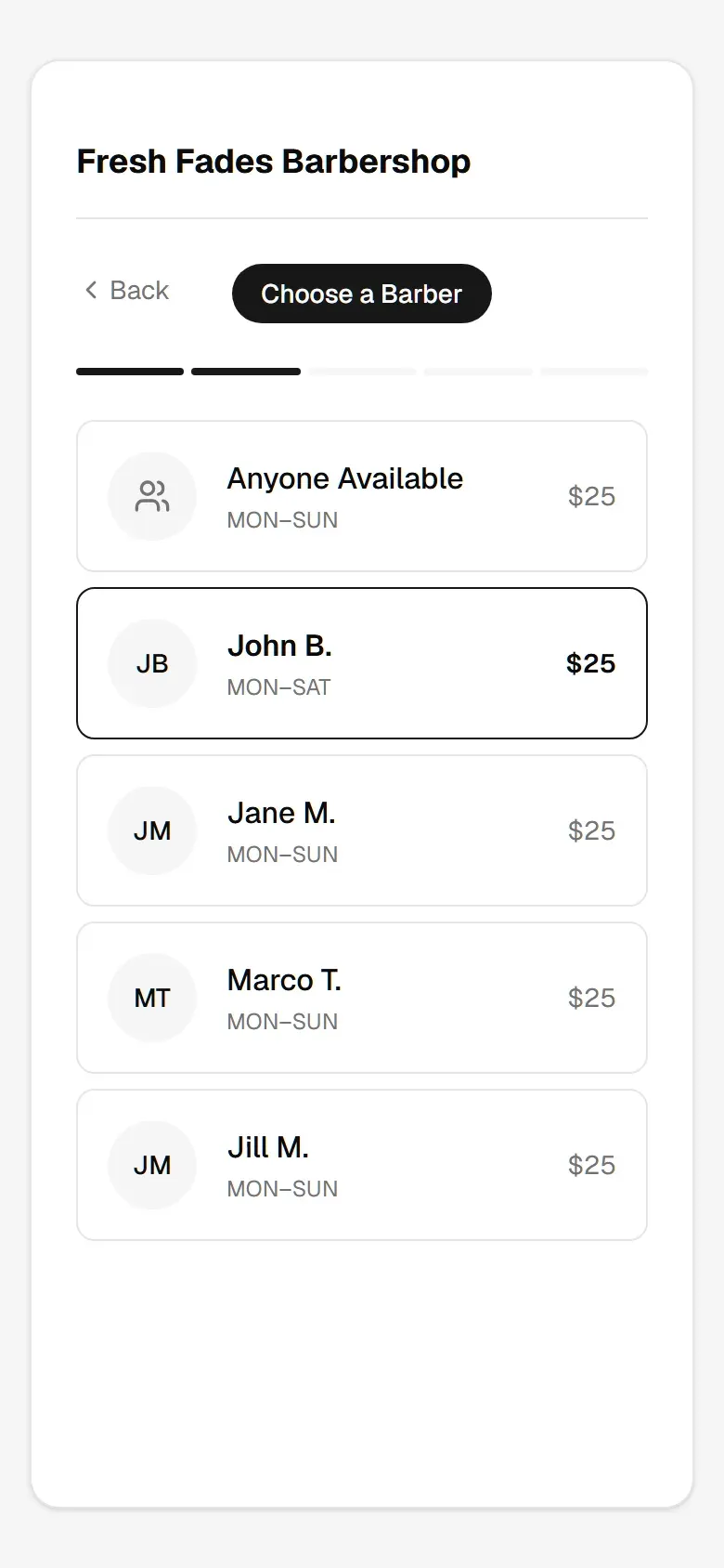 Choose a barber: Anyone Available, or a named barber — John B. selected