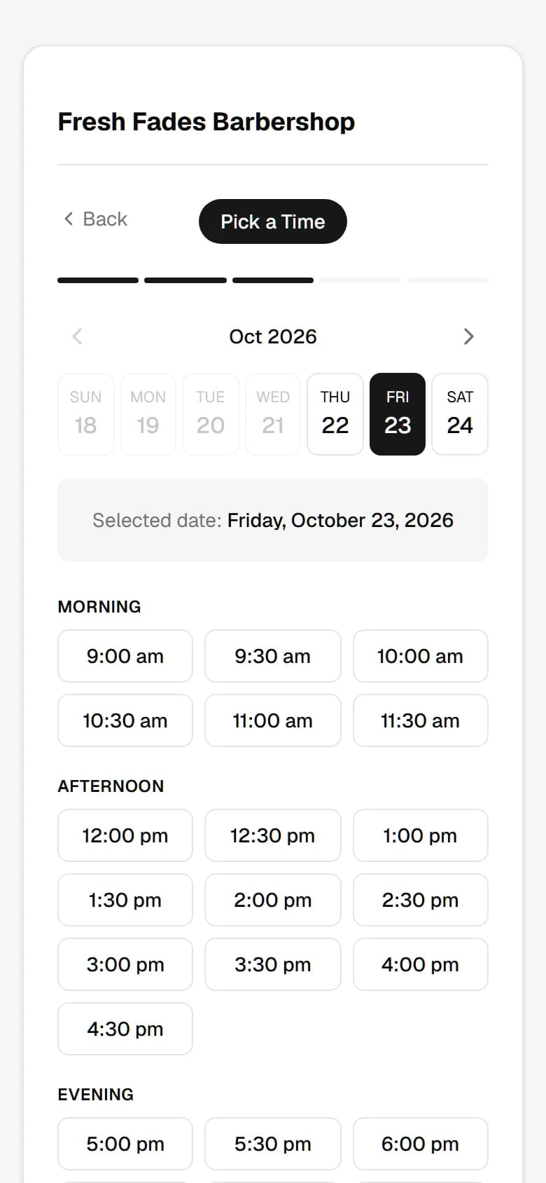 Pick a time: Friday, October 23, 2026, 9:00 am selected
