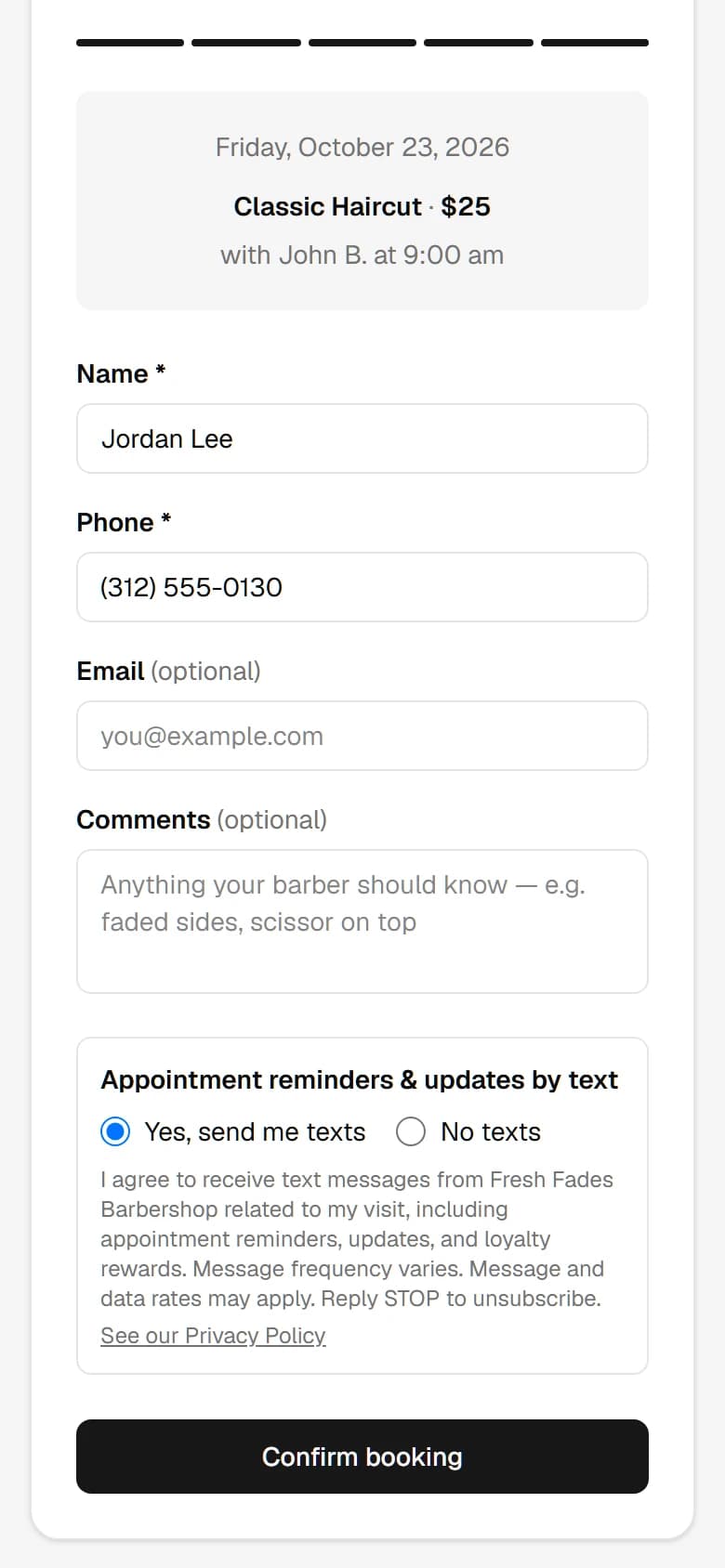 Your info: name, phone, the choice on text messages, and the Confirm booking button