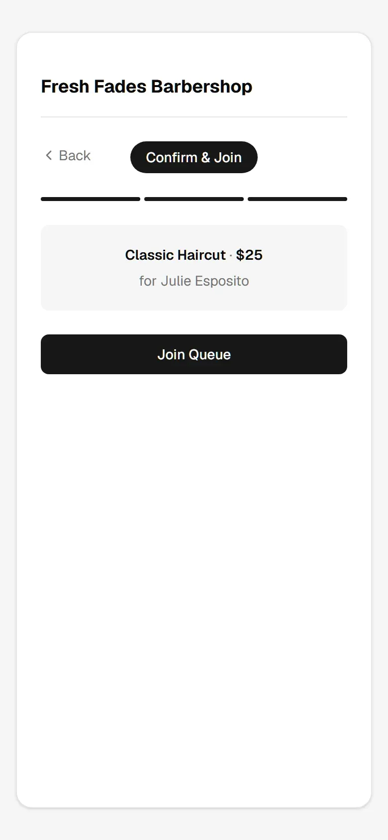 Confirm and join: Classic Haircut, $25, for Julie Esposito