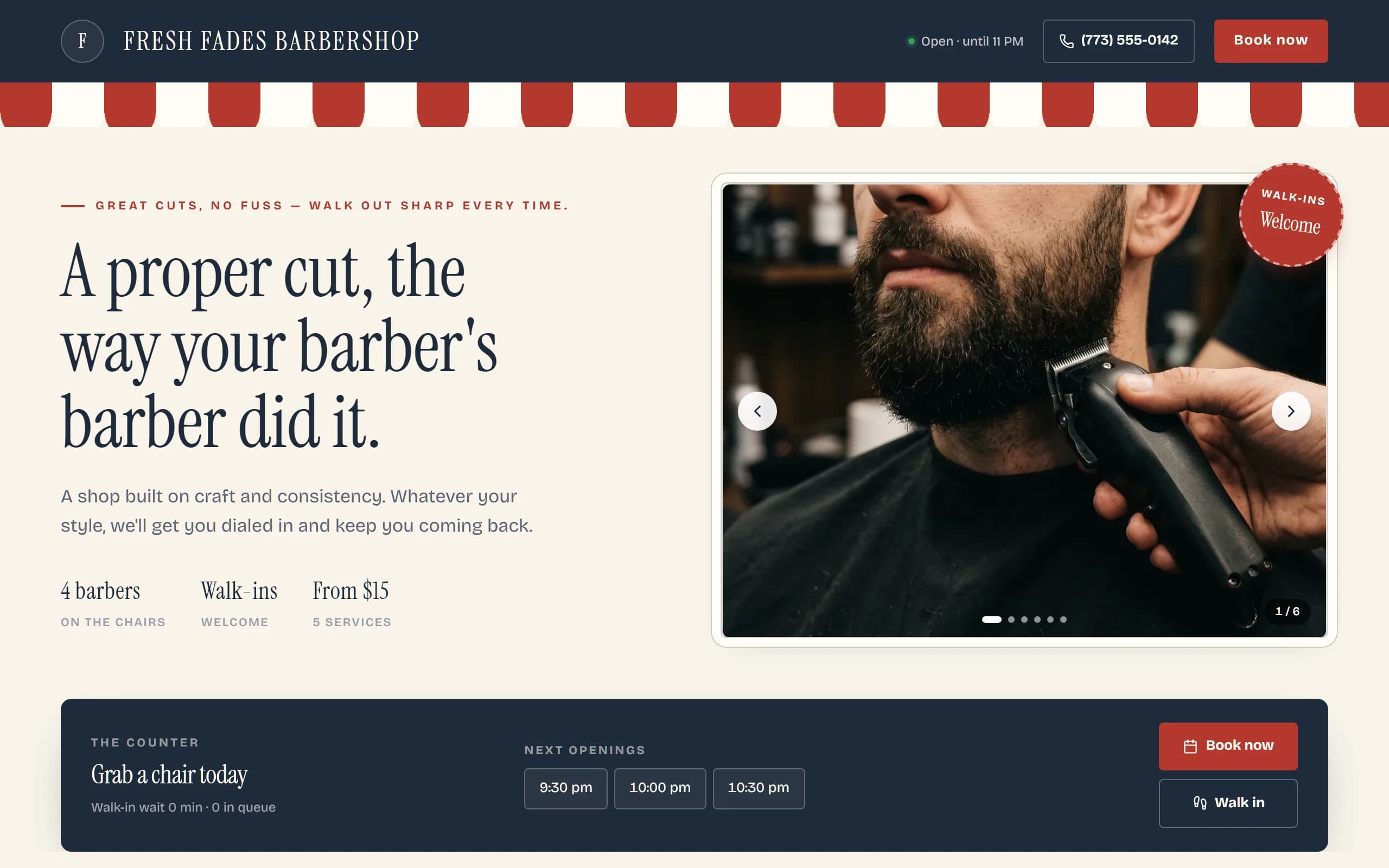 Heritage Pole — cream, navy, barber red, scalloped awning