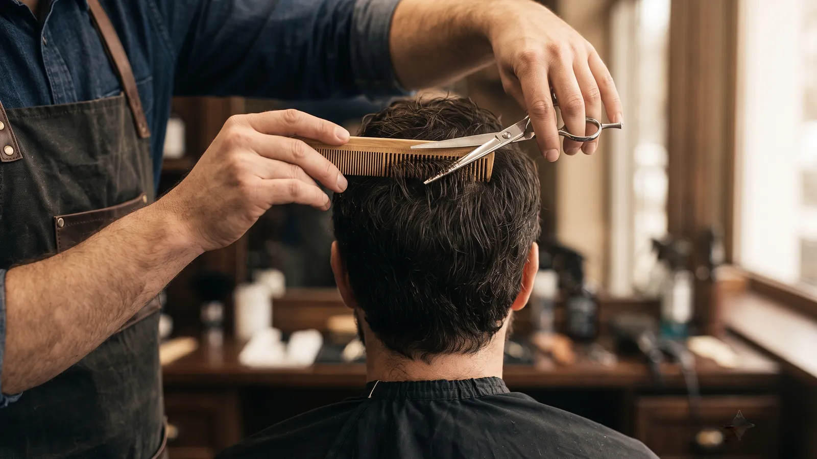 A barber at work with scissors and comb