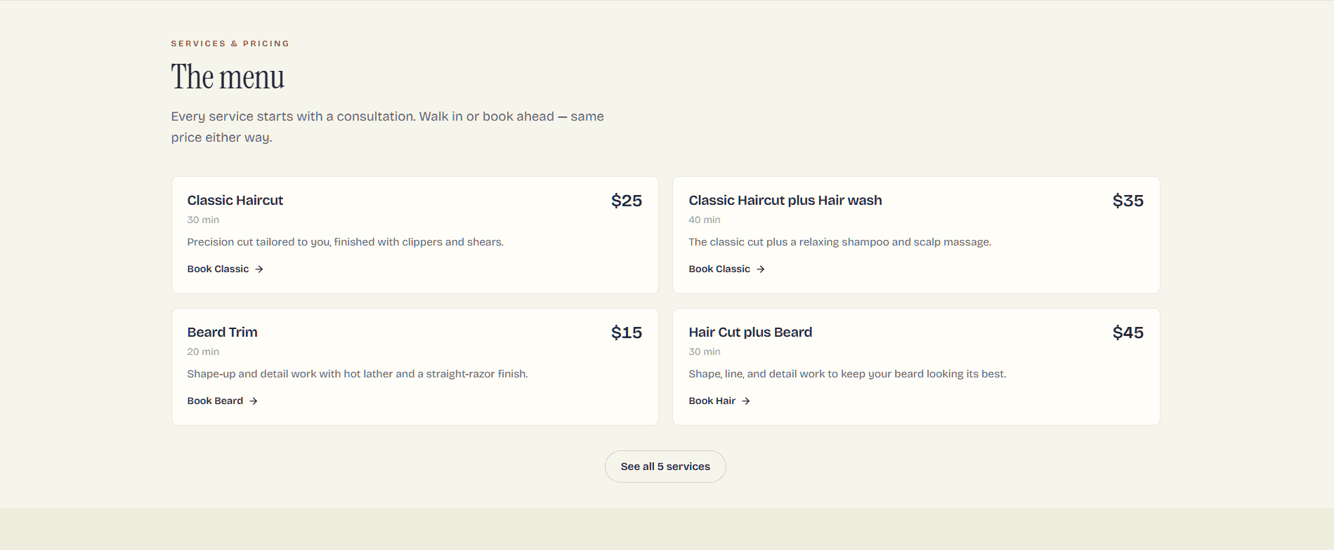The shop's service menu with prices